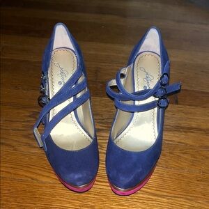 Blue Suede Heels with Pink Soles